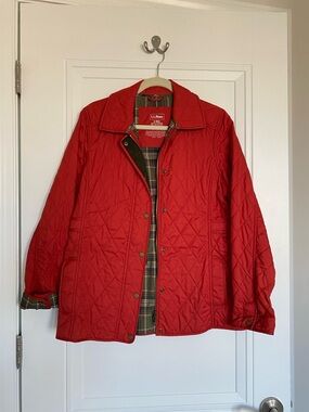 L.L. Bean Quilted Red Jacket with Plaid Trim